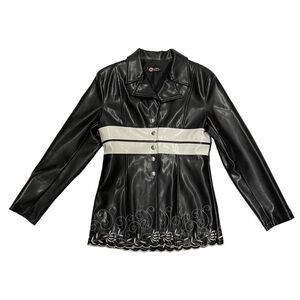 Planete interdite embroidered faux leather jacket black white fits S M vintage